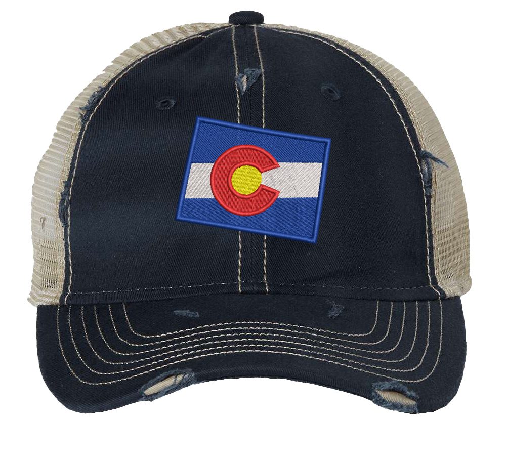 Distressed Colorado Trucker Hat with embroidered state flag, rugged distressed finish, and breathable mesh back, adjustable strapback cap