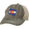 Distressed Colorado Trucker Hat with embroidered state flag, rugged distressed finish, and breathable mesh back, adjustable strapback cap