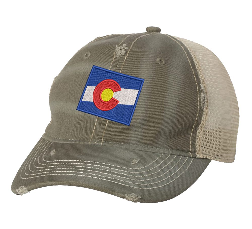 Distressed Colorado Trucker Hat with embroidered state flag, rugged distressed finish, and breathable mesh back, adjustable strapback cap