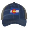 Distressed Colorado Trucker Hat with embroidered state flag, rugged distressed finish, and breathable mesh back, adjustable strapback cap