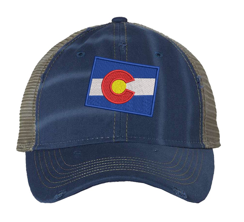Distressed Colorado Trucker Hat with embroidered state flag, rugged distressed finish, and breathable mesh back, adjustable strapback cap