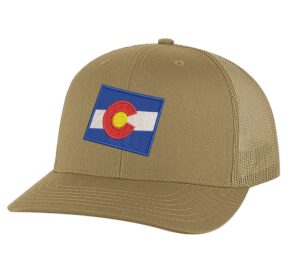 Colorado trucker hat with embroidered state flag design featuring patriotic mesh snapback construction