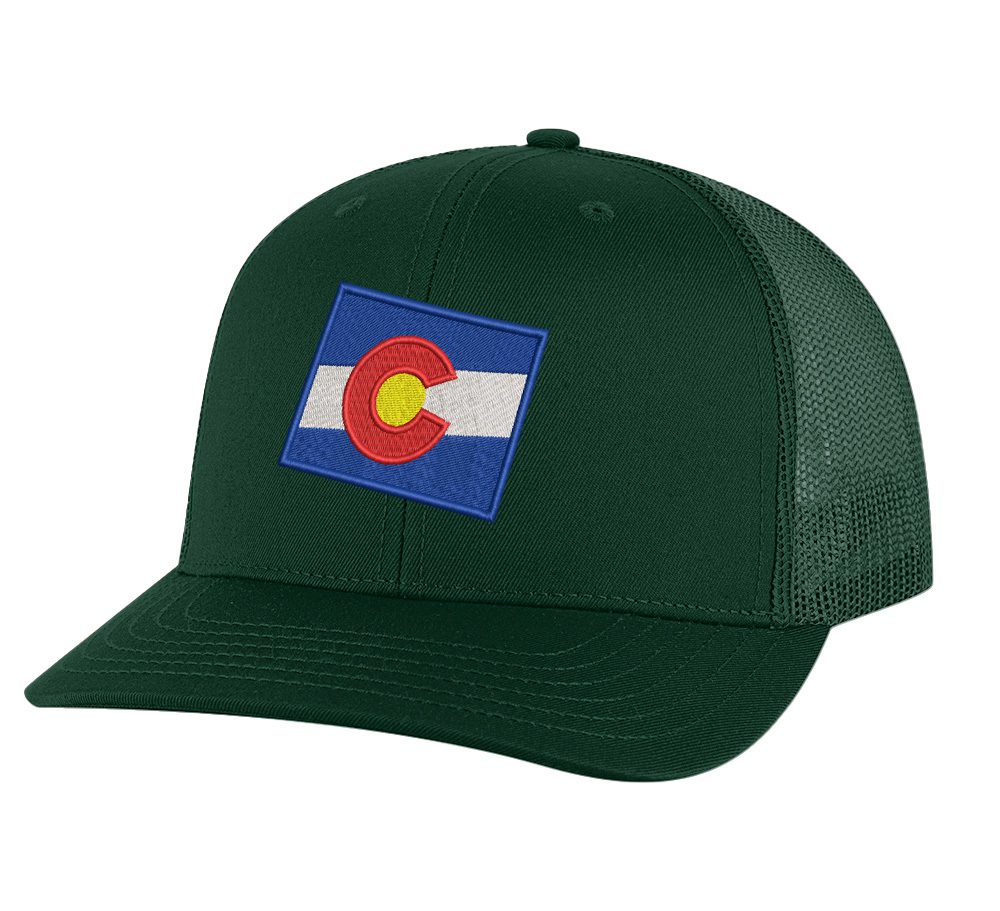 Classic Colorado Trucker Hat with embroidered state flag, breathable mesh back, and adjustable snapback cap