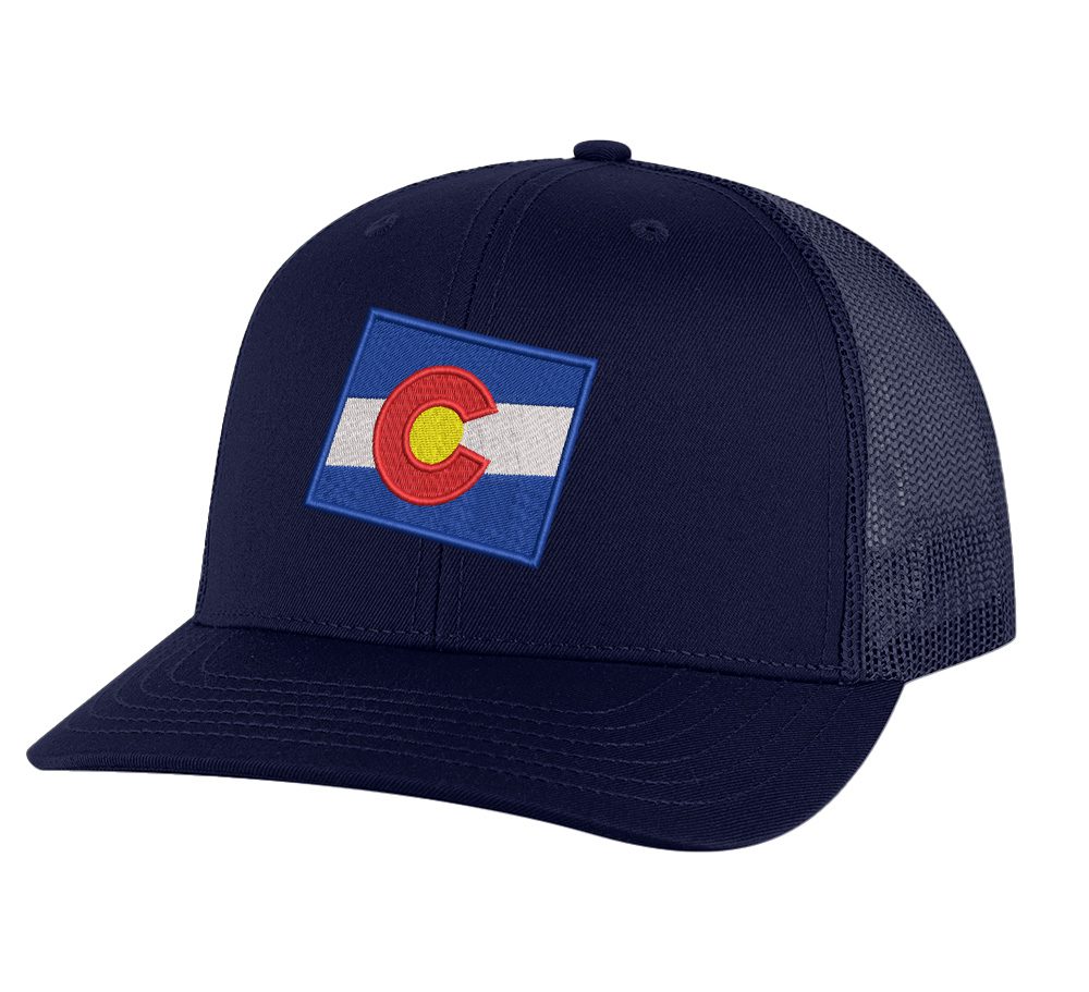 Classic Colorado Trucker Hat with embroidered state flag, breathable mesh back, and adjustable snapback cap
