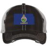 Distressed Kansas Trucker Hat with embroidered state flag, rugged distressed finish, and breathable mesh back, adjustable strapback cap