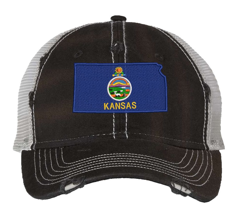 Distressed Kansas Trucker Hat with embroidered state flag, rugged distressed finish, and breathable mesh back, adjustable strapback cap