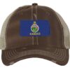 Distressed Kansas Trucker Hat with embroidered state flag, rugged distressed finish, and breathable mesh back, adjustable strapback cap