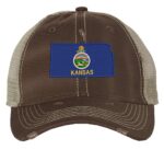Distressed Kansas Trucker Hat with embroidered state flag, rugged distressed finish, and breathable mesh back, adjustable strapback cap