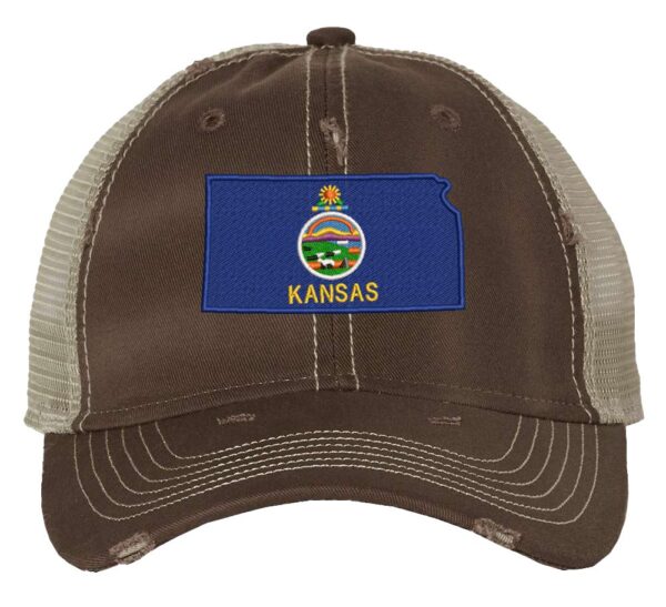 Distressed Kansas Trucker Hat with embroidered state flag, rugged distressed finish, and breathable mesh back, adjustable strapback cap