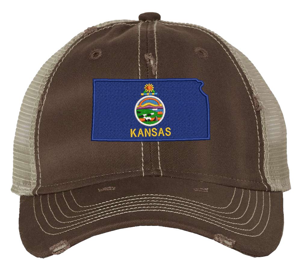 Distressed Kansas Trucker Hat with embroidered state flag, rugged distressed finish, and breathable mesh back, adjustable strapback cap