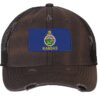 Distressed Kansas Trucker Hat with embroidered state flag, rugged distressed finish, and breathable mesh back, adjustable strapback cap