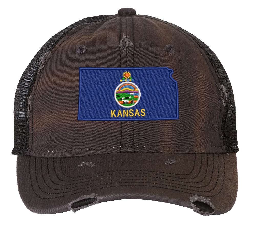 Distressed Kansas Trucker Hat with embroidered state flag, rugged distressed finish, and breathable mesh back, adjustable strapback cap