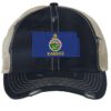 Distressed Kansas Trucker Hat with embroidered state flag, rugged distressed finish, and breathable mesh back, adjustable strapback cap