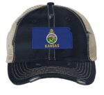 Distressed Kansas Trucker Hat with embroidered state flag, rugged distressed finish, and breathable mesh back, adjustable strapback cap