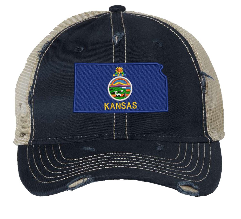 Distressed Kansas Trucker Hat with embroidered state flag, rugged distressed finish, and breathable mesh back, adjustable strapback cap