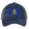 Distressed Kansas Trucker Hat with embroidered state flag, rugged distressed finish, and breathable mesh back, adjustable strapback cap