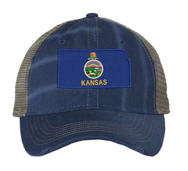 Distressed Kansas Trucker Hat with embroidered state flag, rugged distressed finish, and breathable mesh back, adjustable strapback cap