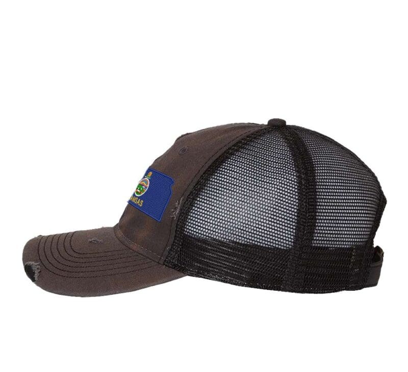 Distressed Kansas Trucker Hat with embroidered state flag, rugged distressed finish, and breathable mesh back, adjustable strapback cap