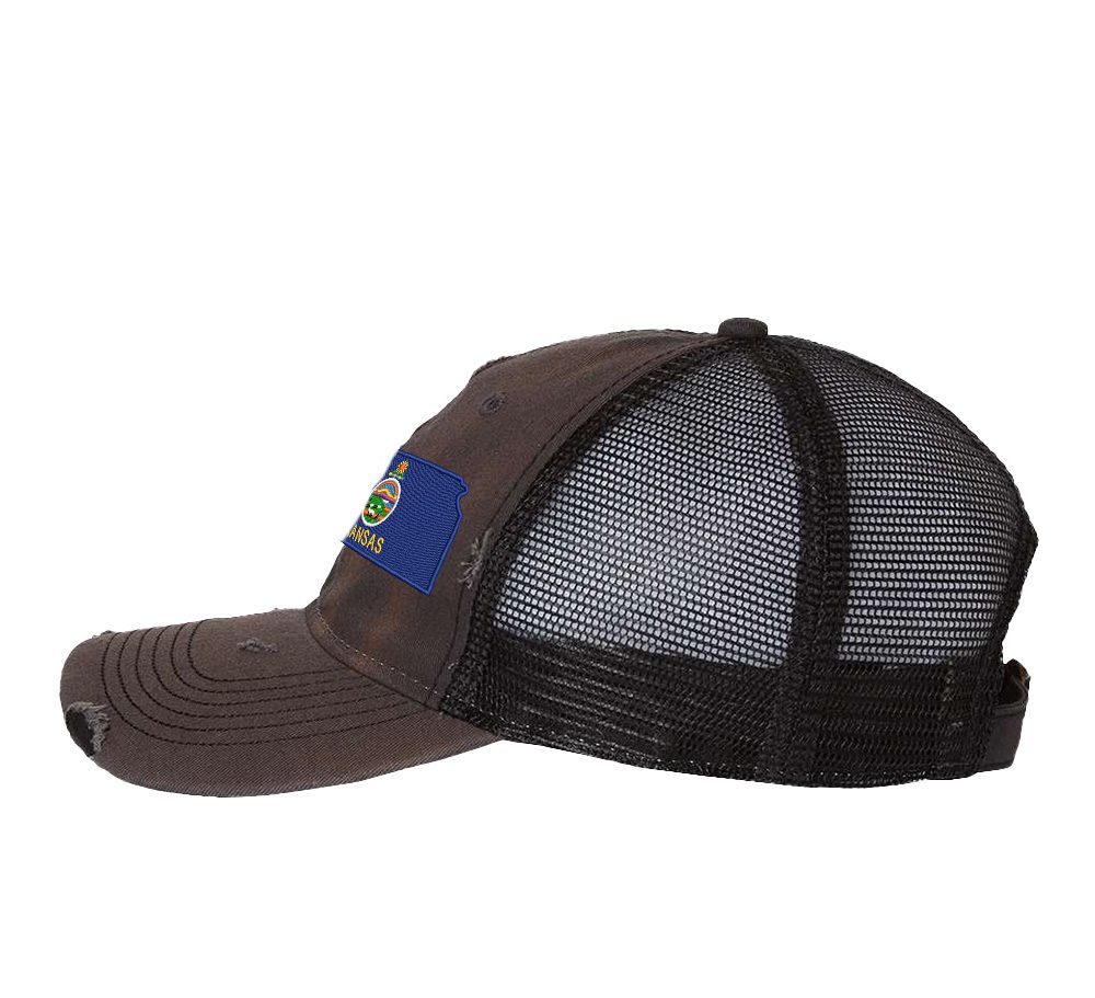 Distressed Kansas Trucker Hat with embroidered state flag, rugged distressed finish, and breathable mesh back, adjustable strapback cap