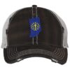 Distressed Indiana Trucker Hat with embroidered state flag, rugged distressed finish, and breathable mesh back, adjustable strapback cap