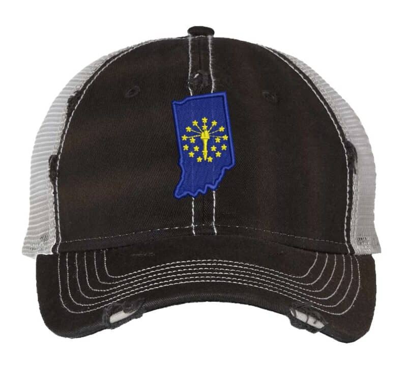 Distressed Indiana Trucker Hat with embroidered state flag, rugged distressed finish, and breathable mesh back, adjustable strapback cap