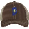 Distressed Indiana Trucker Hat with embroidered state flag, rugged distressed finish, and breathable mesh back, adjustable strapback cap