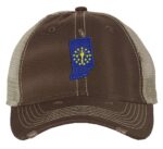Distressed Indiana Trucker Hat with embroidered state flag, rugged distressed finish, and breathable mesh back, adjustable strapback cap