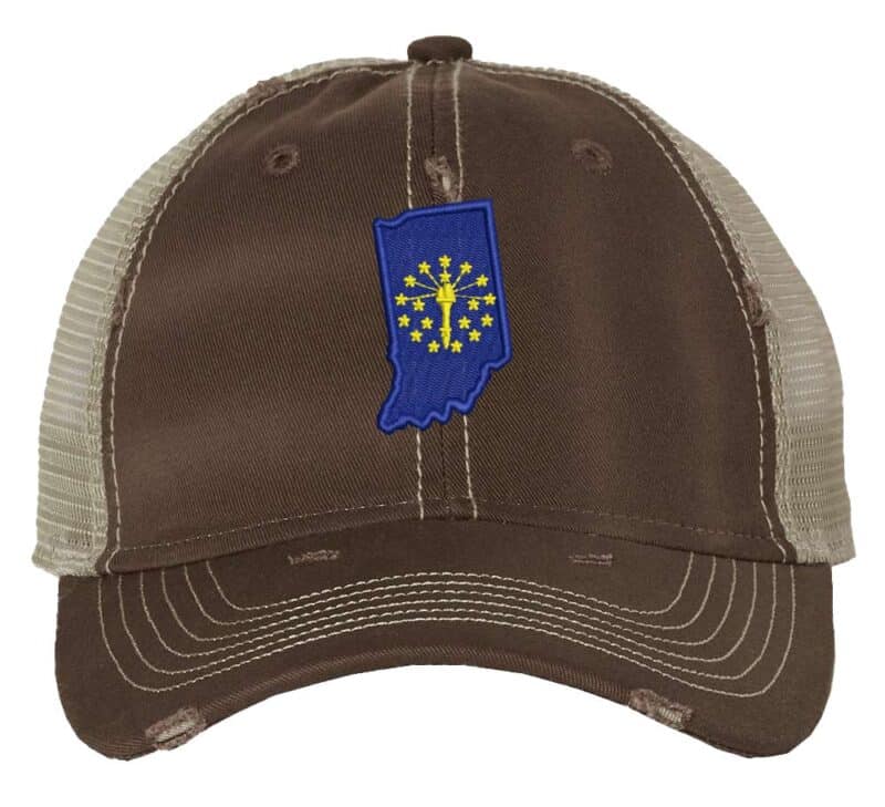 Distressed Indiana Trucker Hat with embroidered state flag, rugged distressed finish, and breathable mesh back, adjustable strapback cap