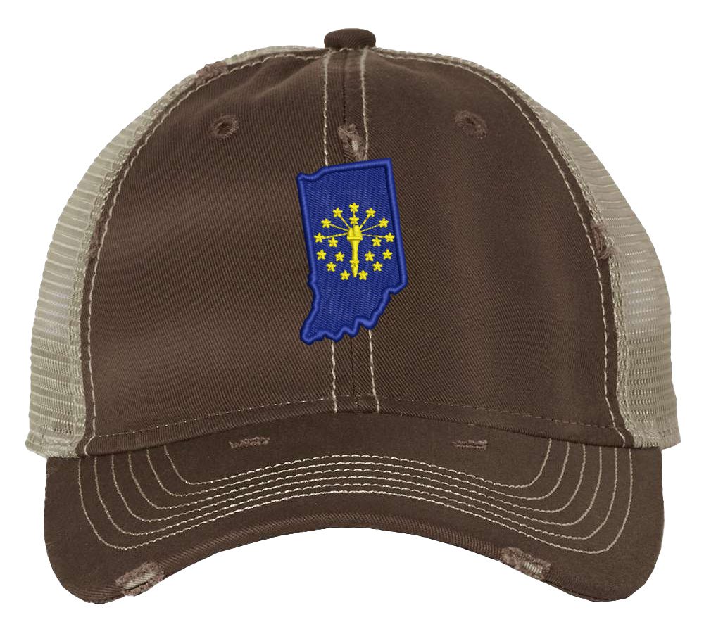 Distressed Indiana Trucker Hat with embroidered state flag, rugged distressed finish, and breathable mesh back, adjustable strapback cap