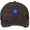 Distressed Indiana Trucker Hat with embroidered state flag, rugged distressed finish, and breathable mesh back, adjustable strapback cap