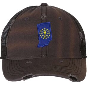 Distressed Indiana Trucker Hat with embroidered state flag, rugged distressed finish, and breathable mesh back, adjustable strapback cap