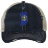 Distressed Indiana Trucker Hat with embroidered state flag, rugged distressed finish, and breathable mesh back, adjustable strapback cap