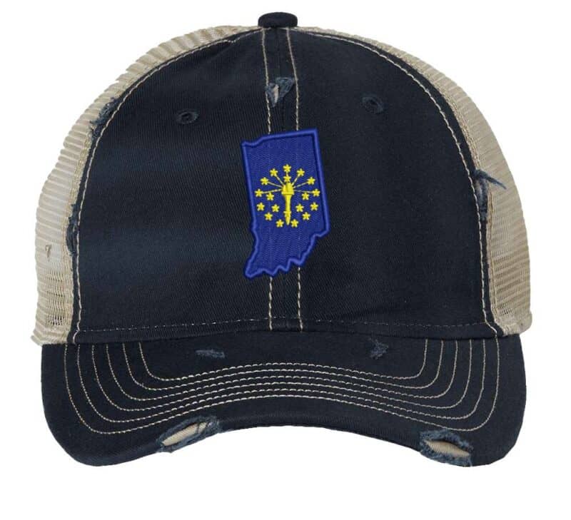 Distressed Indiana Trucker Hat with embroidered state flag, rugged distressed finish, and breathable mesh back, adjustable strapback cap