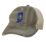 Distressed Indiana Trucker Hat with embroidered state flag, rugged distressed finish, and breathable mesh back, adjustable strapback cap