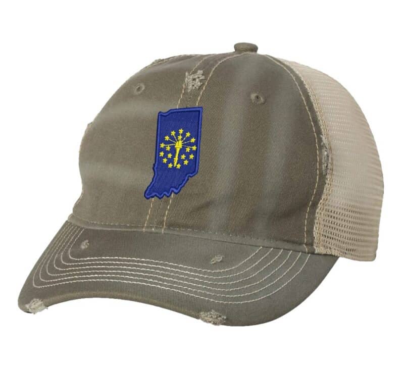 Distressed Indiana Trucker Hat with embroidered state flag, rugged distressed finish, and breathable mesh back, adjustable strapback cap