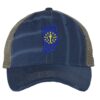 Distressed Indiana Trucker Hat with embroidered state flag, rugged distressed finish, and breathable mesh back, adjustable strapback cap
