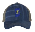 Distressed Indiana Trucker Hat with embroidered state flag, rugged distressed finish, and breathable mesh back, adjustable strapback cap