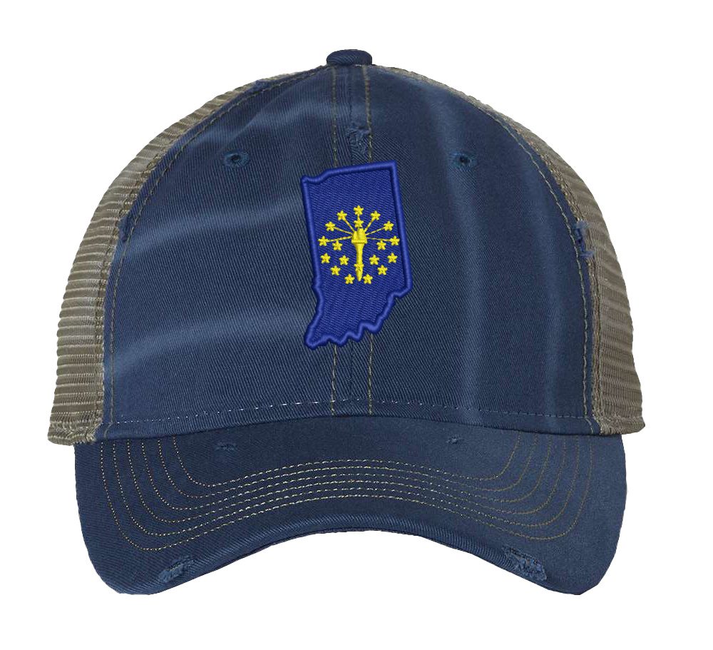 Distressed Indiana Trucker Hat with embroidered state flag, rugged distressed finish, and breathable mesh back, adjustable strapback cap
