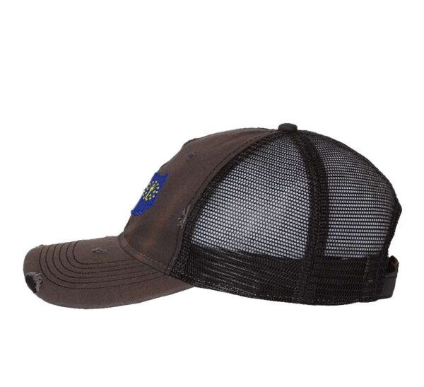 Distressed Indiana Trucker Hat with embroidered state flag, rugged distressed finish, and breathable mesh back, adjustable strapback cap