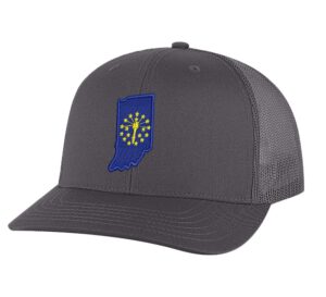 Classic Indiana Trucker Hat with embroidered state flag, breathable mesh back, and adjustable snapback cap