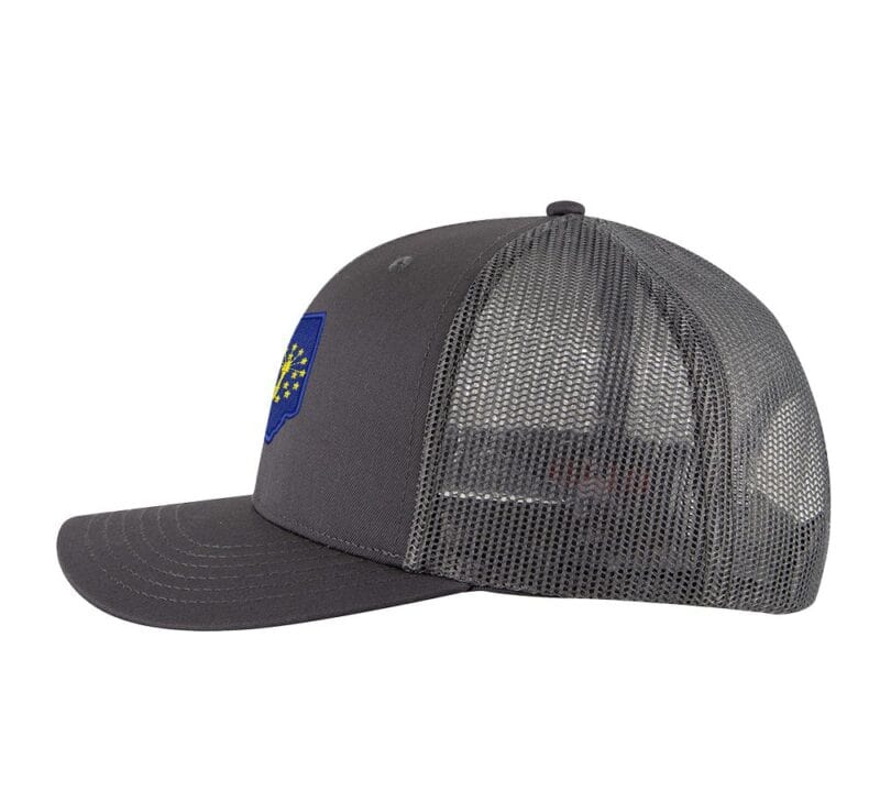 Classic Indiana Trucker Hat with embroidered state flag, breathable mesh back, and adjustable snapback cap