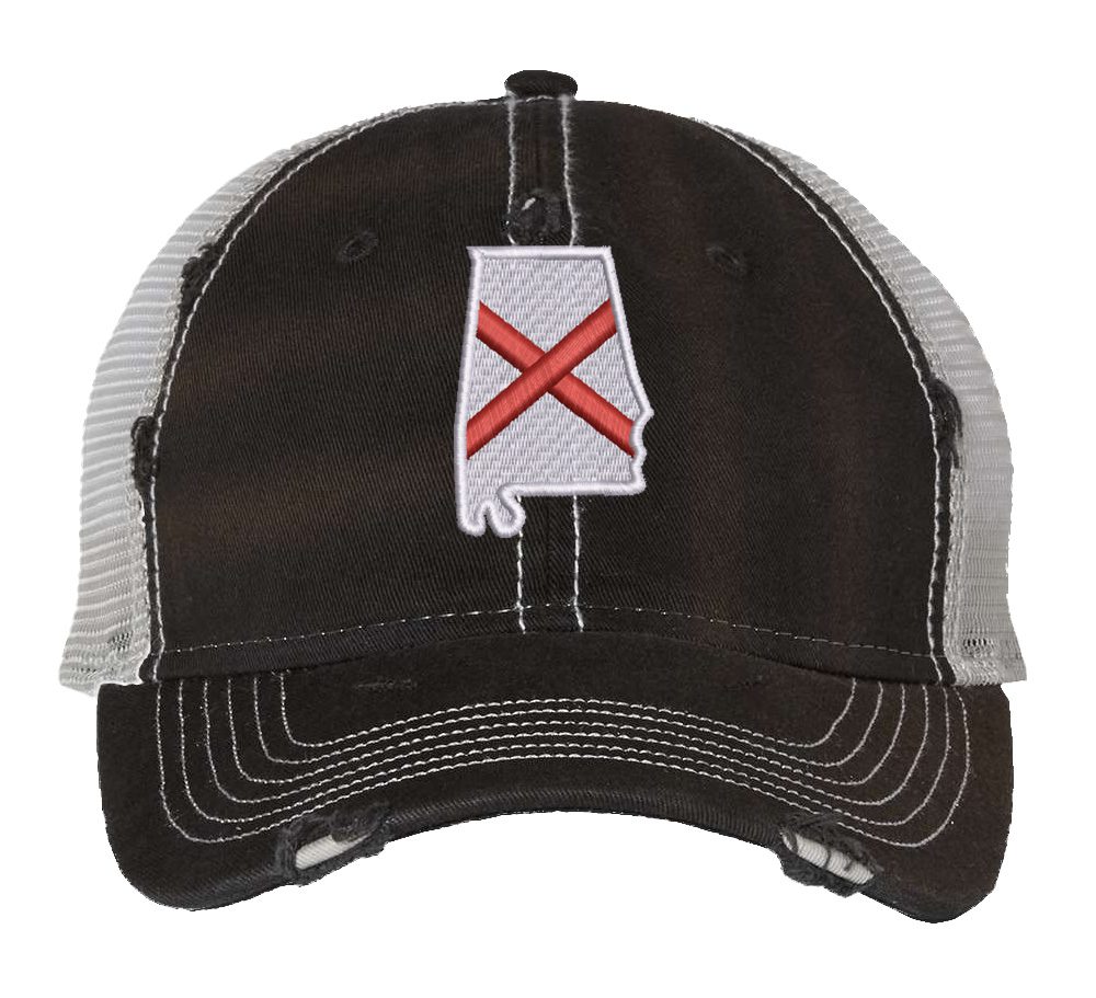 Distressed Trucker Hat with Embroidered Alabama State Flag - Mesh Snapback Cap for Men & Women