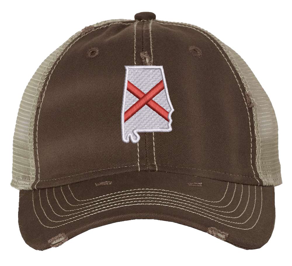 Distressed Trucker Hat with Embroidered Alabama State Flag - Mesh Snapback Cap for Men & Women