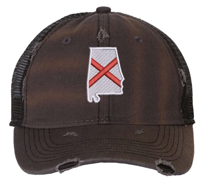 Distressed Trucker Hat with Embroidered Alabama State Flag - Mesh Snapback Cap for Men & Women