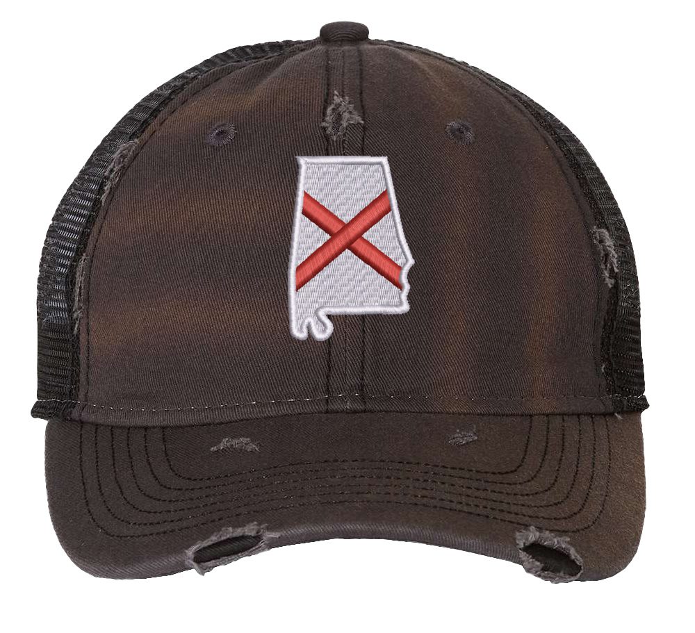 Distressed Trucker Hat with Embroidered Alabama State Flag - Mesh Snapback Cap for Men & Women