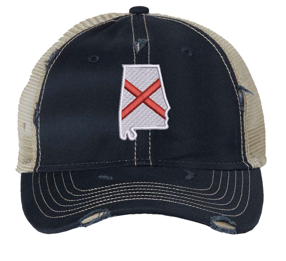 Distressed Trucker Hat with Embroidered Alabama State Flag - Mesh Snapback Cap for Men & Women