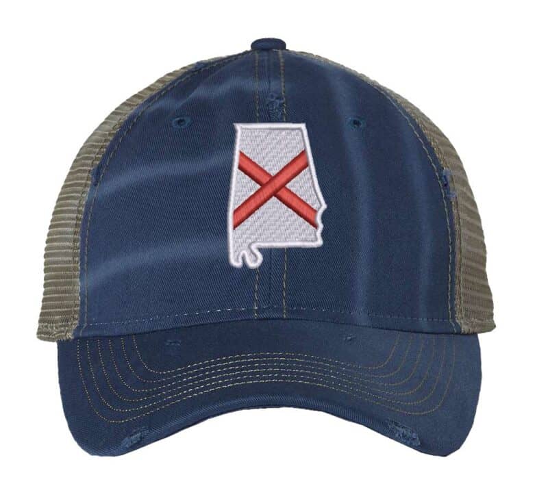Distressed Trucker Hat with Embroidered Alabama State Flag - Mesh Snapback Cap for Men & Women