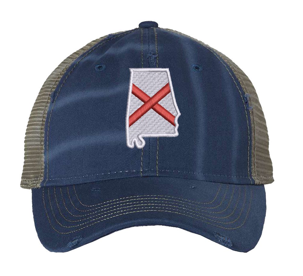 Distressed Trucker Hat with Embroidered Alabama State Flag - Mesh Snapback Cap for Men & Women