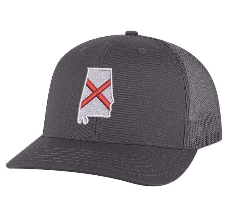95R-Charcoal_Alabama_State_Flag_Trucker_Hat Alabama trucker hat with embroidered Alabama state flag design, mesh back and adjustable snapback closure