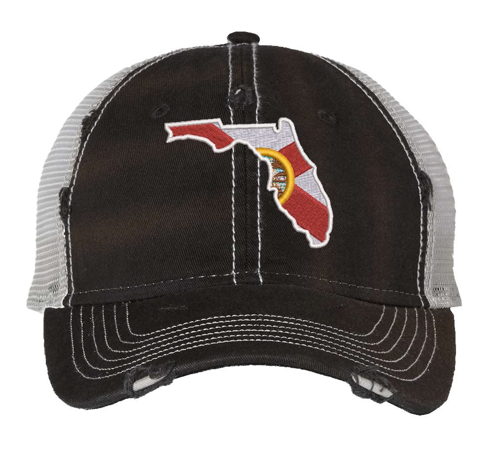 Distressed Trucker Hat with Embroidered Florida State Design - Mesh Strapback Cap in Florida Colors